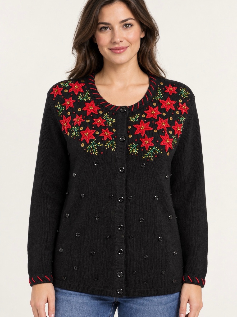 Mercer Street Studio Black Cardigan with Red Poinsettia Embroidery
